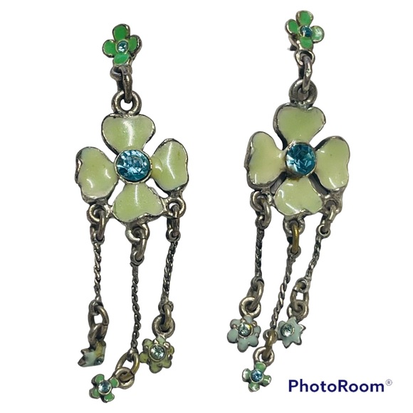 EARRINGS Four leave clover,  silver enamel and crystals - Picture 4 of 6